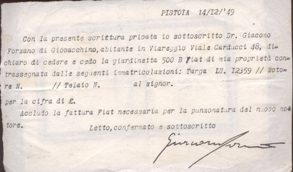 Comunicazione dattiloscritta firmata del cineasta Giacomo Forzano.