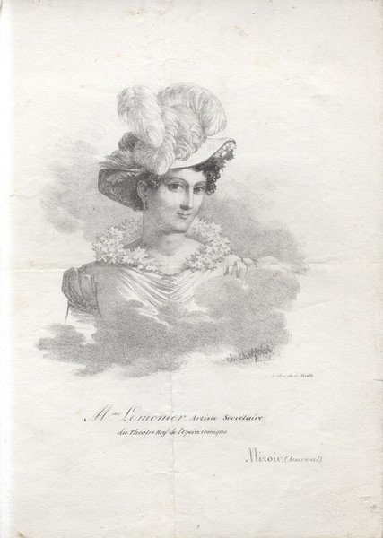 Litografia originale raffigurante la cantante Louise Thérese Antoinette Lemonier. 1840 …