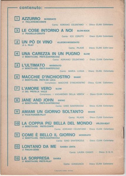 Lotto di 24 spartiti di canzoni di Adriano Celentano. 1958-1978.