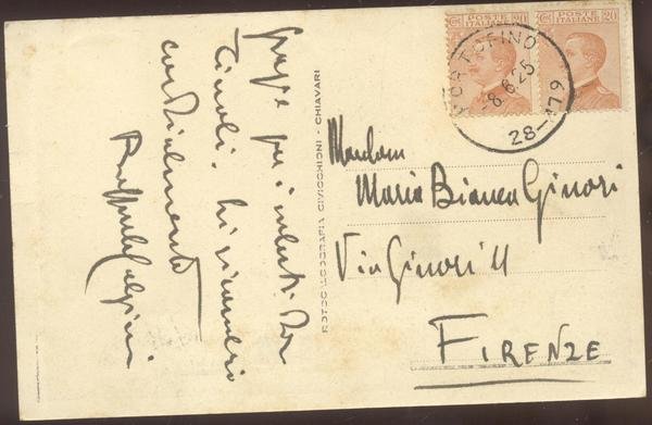 Cartolina autografa firmata dello scrittore Raffaele Calzini (Milano, 1885-1953) inviata …