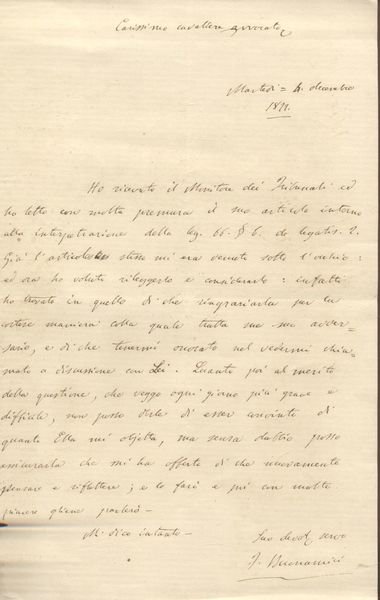 Lettera autografa del giurista Francesco Buonamici (Pisa, 1836-1921), datata 4 …