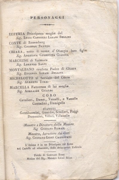 CHIARA DI ROSEMBERG (1831). Melodramma in musica di Gaetano Rossi …