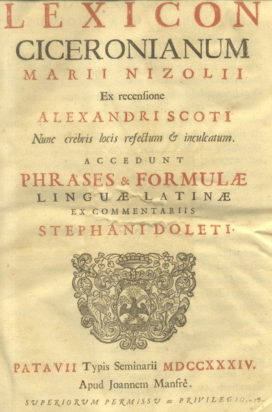 LEXICON CICERONIANUM MARII NIZOLII EX RECENSIONE ALEXANDRI SCOTI NUNC CREBRIS … | Immagine principale