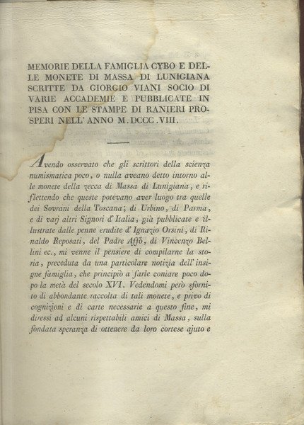 MEMORIE DELLA FAMIGLIA CYBO E DELLE MONETE DI MASSA DI …