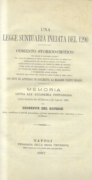 UNA LEGGE SUNTUARIA INEDITA DEL 1290. Comento storico-critico nel quale …