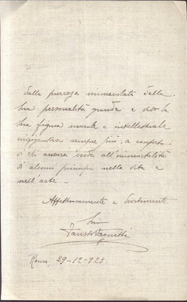 Lettera autografa firmata del pittore Fausto Vagnetti (Anghiari, 1876-1954).