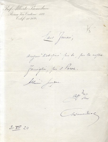 Lettera autografa firmata dell'economista e politico Alberto Beneduce (Caserta, 1877 …