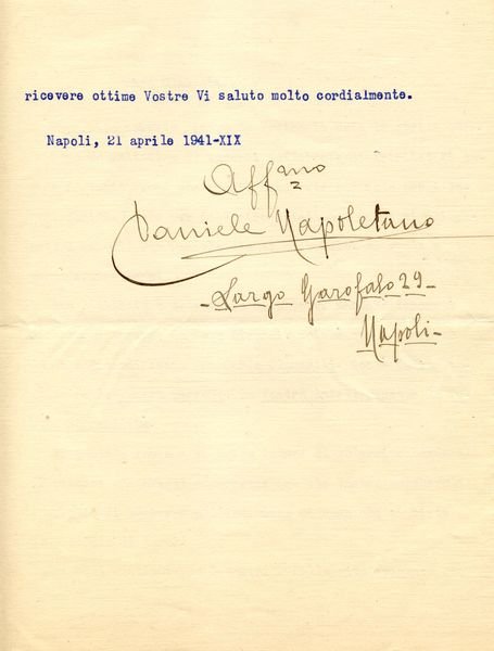 Lettera dattiloscritta a firma autografa del compositore Daniele Napoletano.