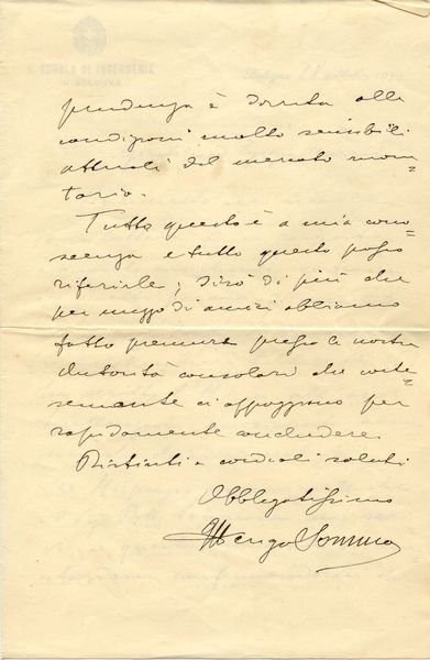 Lettera autografa firmata dell'Ingegner Ulderigo Somma (Pistoia, 1875-1954).