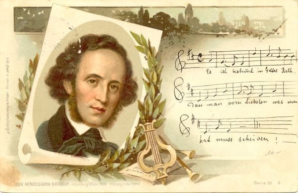 Cartolina postale illustrata raffigurante il musicista Felix Mendelssohn. 1920 circa.