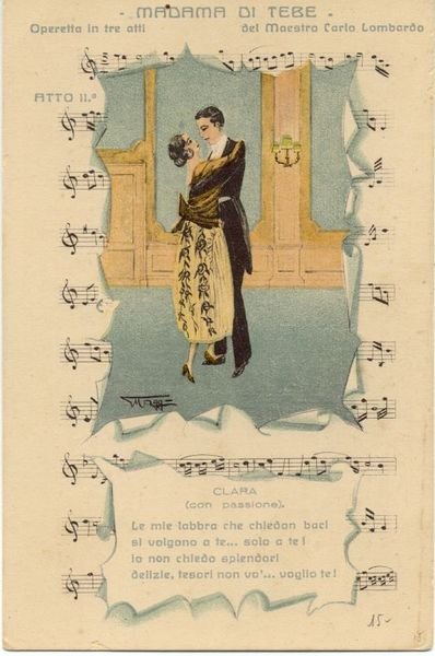 Cartolina postale illustrata rappresentante una scena dell'Operetta "Madama di Tebe" …