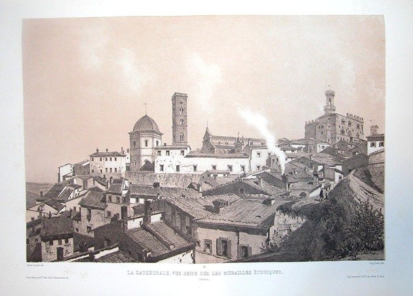 LA CATHEDRALE, VUE PRISE SUR LES MURAILLES ETRUSQUES. Volterra. Riproduzione …