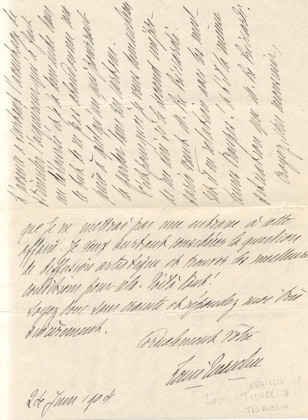 Lettera autografa firmata del letterato e librettista francese Louis Tiercelin.