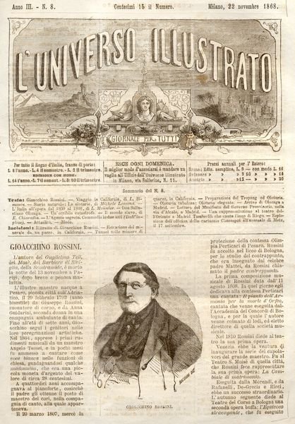 Ritratto in xilografia del musicista Gioacchino Rossini.