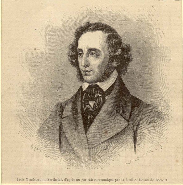 Incisione originale raffigurante il musicista Felix Mendelssohn-Bartholdy. 1860 circa.