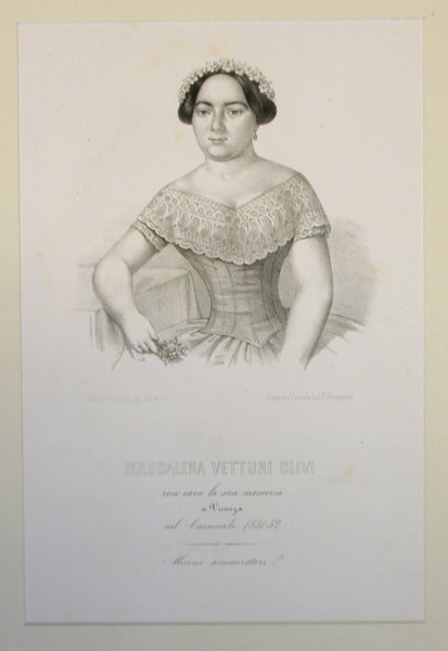 Litografia originale raffigurante la cantante lirica Maddalena Vetturi Olivi.