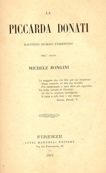 LA PICCARDA DONATI. Racconto storico fiorentino.