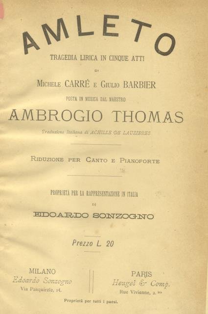 AMLETO (1868). Tragedia lirica in cinque atti di Michel carré …