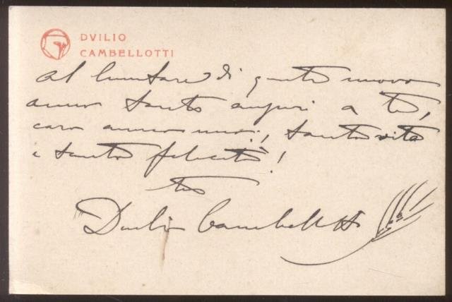 Biglietto autografo firmato dell'artista Duilio Cambellotti (Roma, 1876-1960).