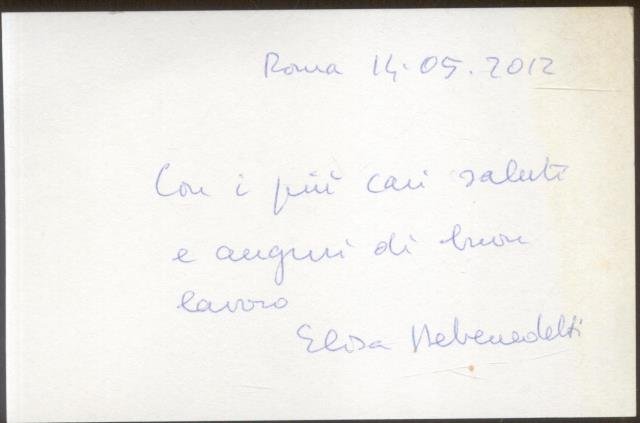 Biglietto autografo firmato della storica dell'arte Elisa Debenedetti (Torino, 1933-2024), …