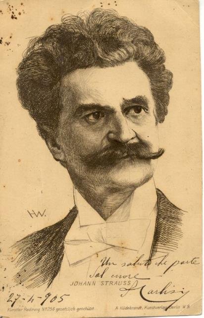 Cartolina postale illustrata raffigurante il musicista Johann Strauss a mezzobusto.