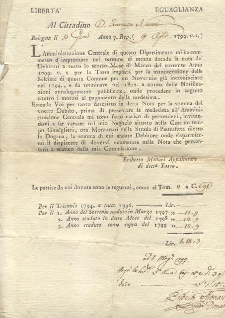 Documento originale a stampa in cui Eriberto Monari, "Appaltatore della …