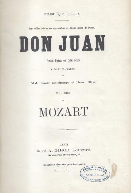 DON JUAN (1787). Grand Opéra en cinq actes. Paroles françaises …