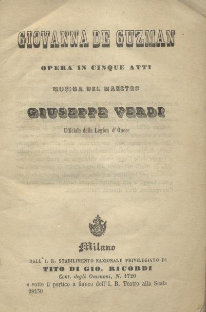 GIOVANNA DE GUZMAN ("I Vespri Siciliani") (1855). Dramma in cinque …