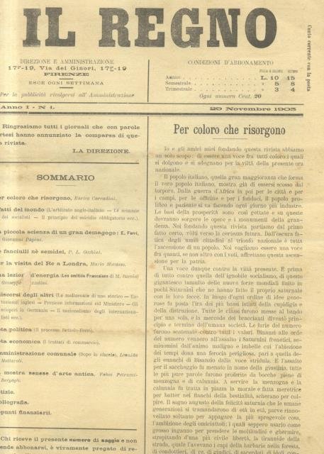 IL REGNO. Rivista settimanale politica, artistica, letteraria. 1903-1905.