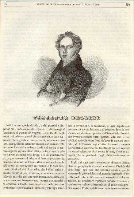 Incisione originale raffigurante il musicista Vincenzo Bellini. 1845 circa.