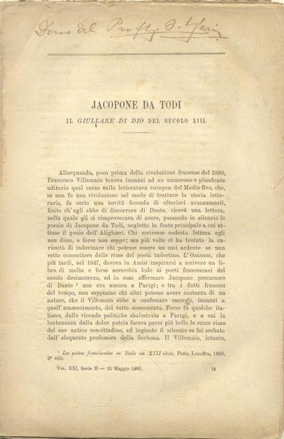 JACOPONE DA TODI. Il giullare di Dio del secolo XIII.