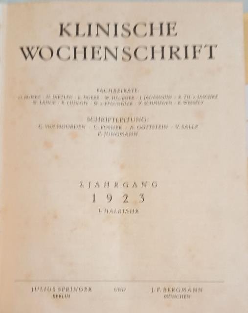 KLINISCHE WOCHENSCHRIFT. Pubblicazione settimanale. 1923-1939.