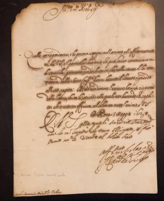 Lettera autografa firmata del cardinale Cosimo de Torres. Roma, 15 …