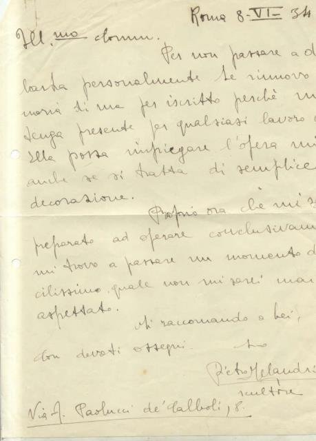 Lettera autografa firmata del ceramista Pietro Melandri (Faenza, 1885-1976).