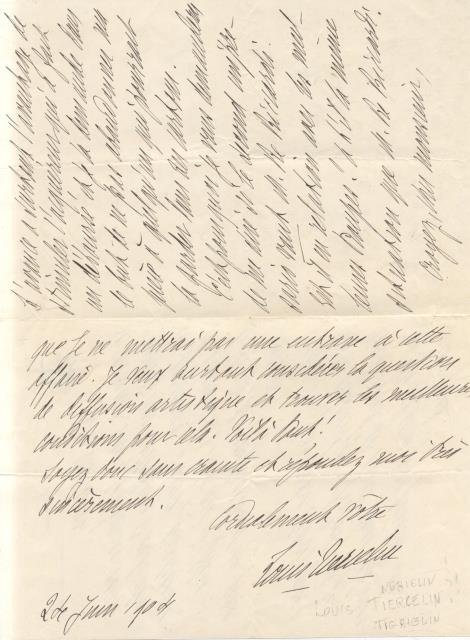 Lettera autografa firmata del letterato e librettista francese Louis Tiercelin.