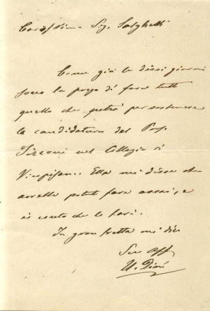 Lettera autografa firmata del matematico Ulisse Dini al Sig. Salghetti, …