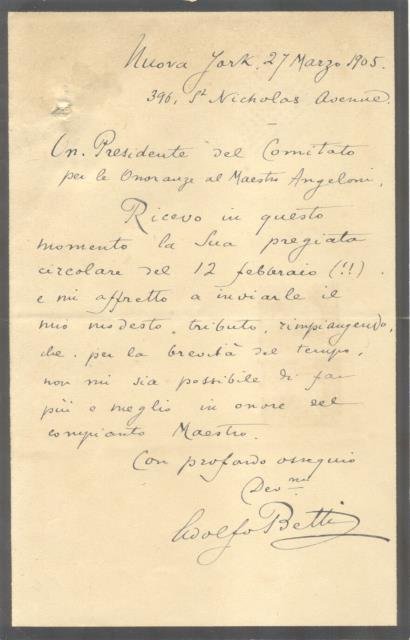 Lettera autografa firmata del musicista e compositore Adolfo Betti inviata …