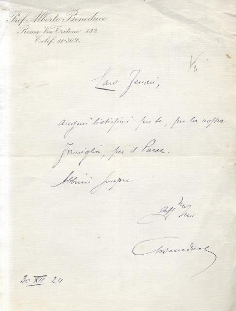 Lettera autografa firmata dell'economista e politico Alberto Beneduce (Caserta, 1877 …