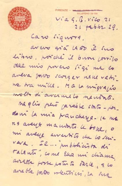 Lettera autografa firmata dello scrittore e giornalista fiorentino Federico Valerio …