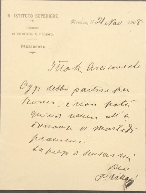 Lettera autografa firmata dello storico Pasquale Villari (Napoli, 1827–1917), Senatore …