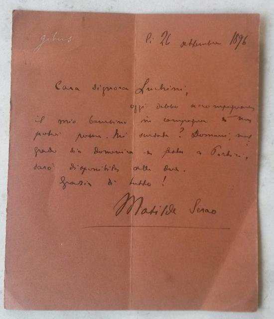 Lettera autografa firmato della scrittrice Matilde Serao (Patrasso, 1856-1927), datata …