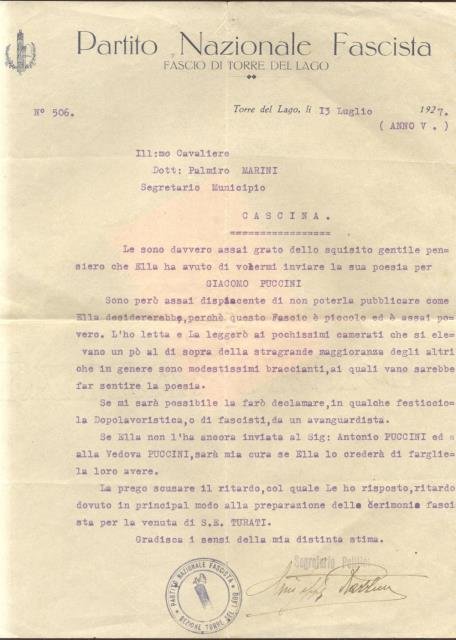 Lettera dattiloscritta su carta intestata del "Partito Nazionale Fascista - …