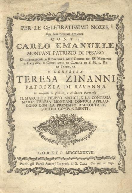 PER LE CELEBRATISSIME NOZZE DEI NOBILISSIMI SIGNORI CONTE CARLO EMANUELE …