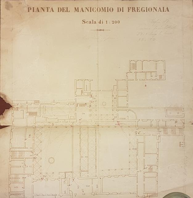 PIANTA DEL MANICOMIO DI FREGIONAJA. Carta a stampa. 1950 circa.