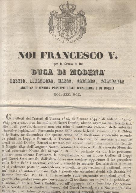 Pubblico Decreto promulgato dal Duca di Modena Francesco V in …