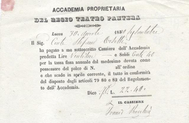 Ricevuta di pagamento della quota annuale 1863 della "Accademia proprietaria …