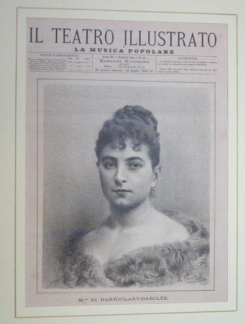 Ritratto in xilografia della cantante Hartoulary Darclée.