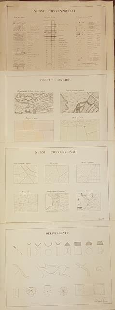 SEGNI CONVENZIONALI; DELINEAMENTO; COLTURE DIVERSE. Quattro carte disegnate a mano. …