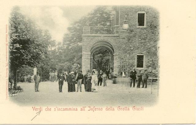 Verdi che s'incammina all'interno della Grotta Giusti. Cartolina postale illustrata, …