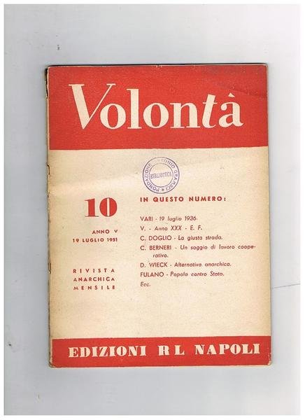 Volontà, rivista anarchica mensile. Disponiamo del n° 10 del 19 … | Immagine principale